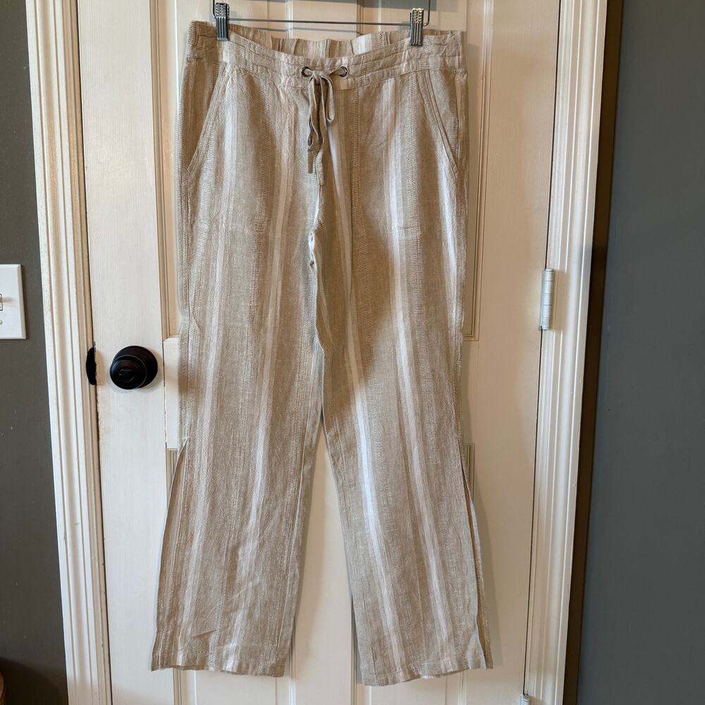 For Cynthia Women’s Linen Blend Pants Tan/White Stripe Wide Leg Size S Coastal